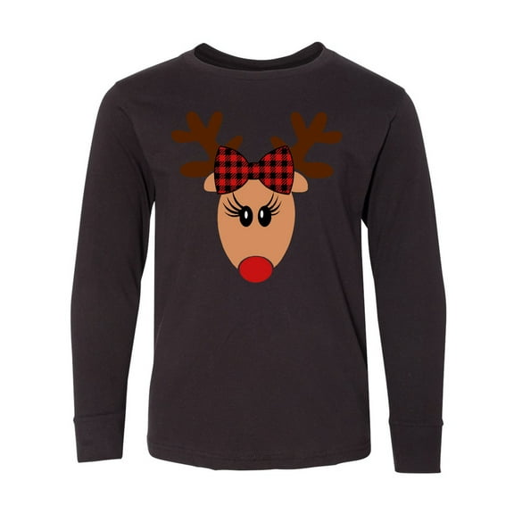 Inktastic Cute Girl Reindeer with Buffalo Plaid Bow Long Sleeve Youth T-Shirt