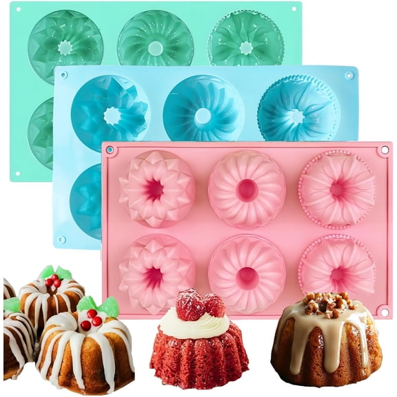 3pcs Mini Fluted Cake Pan,6-Cavity Fluted Tube Cake Pan,Silicone Cupcake Molds for Baking, No-nstick Cupcakes Mold for chocolate/Brownies/Jello