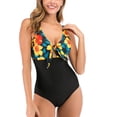 thumbnail image 1 of Traje de baño de una pieza para mujer, moda y corte ajustado, cuello en V, nudo torcido en el pecho, traje de baño para mujer para nadar en la playa, flores amarillas XL, 1 of 5