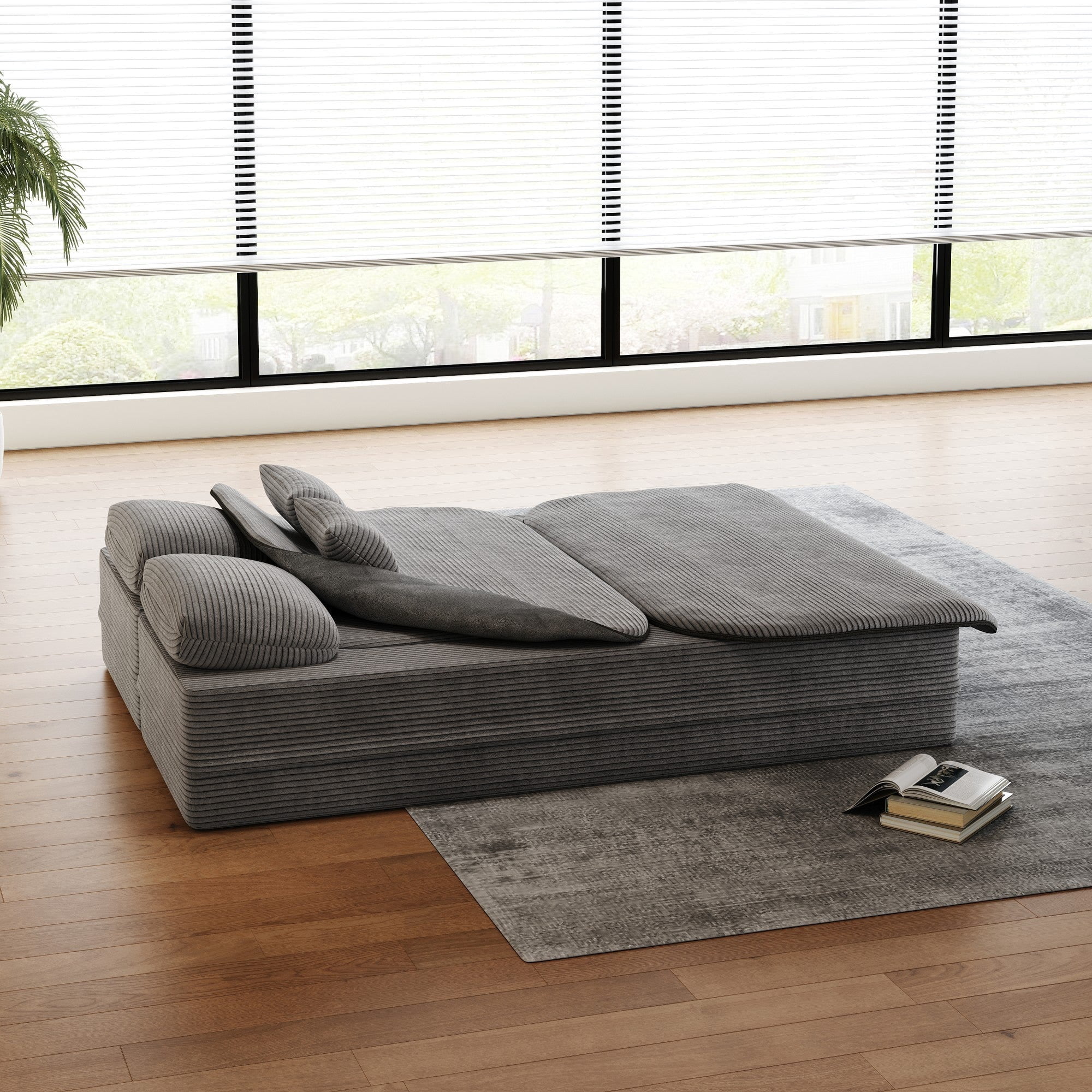 Sailvan 75" Convertible Sleeper Sofa, Corduroy Floor Couch to Full Bed with Blanket and 4 Pillows Grey