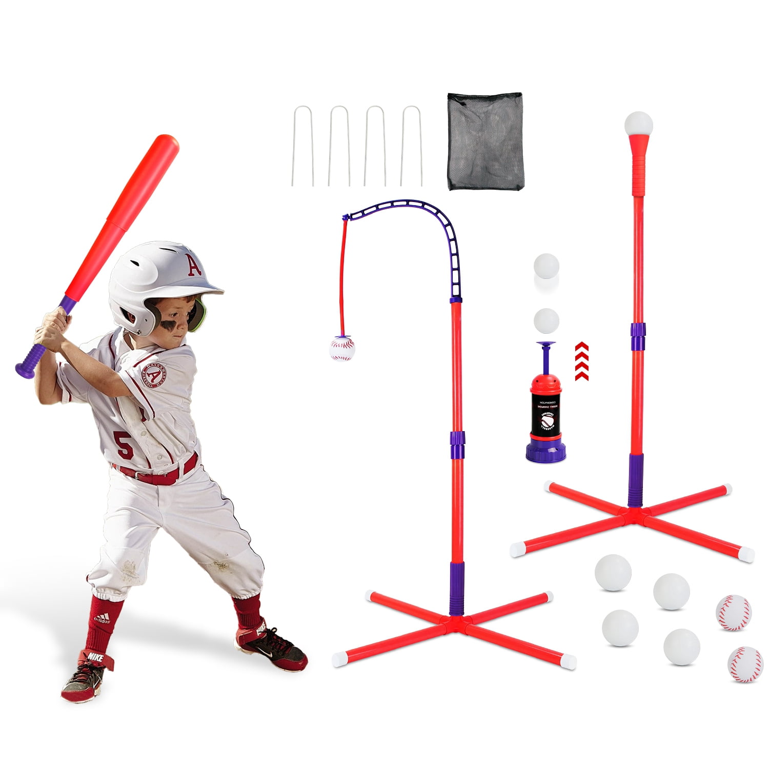 Imountek 3 in 1 Baseball Toy Set for Toddlers & Kids Ages 3-5, Tee Ball Stand Hanging Tee Automatic Ball Launcher with Adjustable Height for Indoor Outdoor Sports