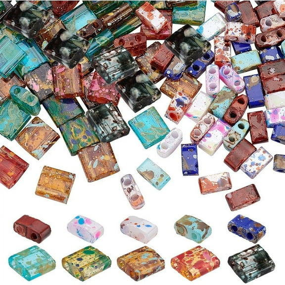 200Pcs 10 Colors 2-Hole Transparent Glass Seed Beads Antique Style Rectangle Mixed Color 5x4.5~5.5x2~2.5mm Hole: 0.5~0.8mm 20pcs/color