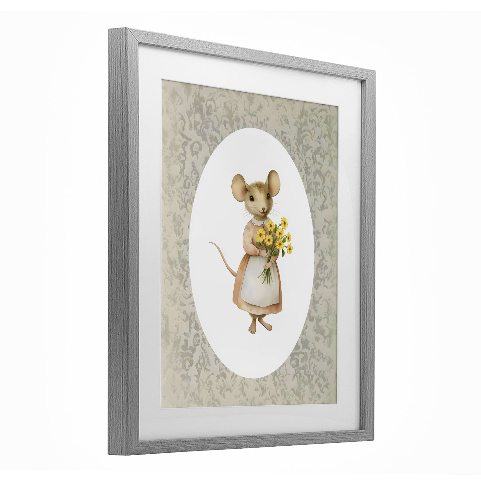 Stupell Industries Little Mouse with Flowers Gray Framed Print Under Glass, design by Arlington Prints