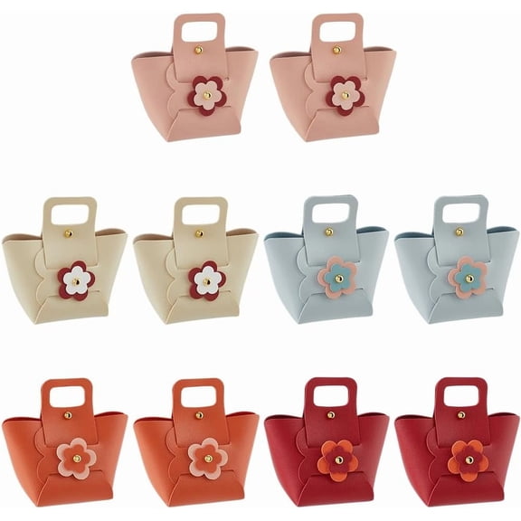 10 Sets 5 Colors Mini PU Leather Candy Bags Flower Leather Treat Boxes with Handle Reusable Gift Wrapping Handbags Party Favor Purses