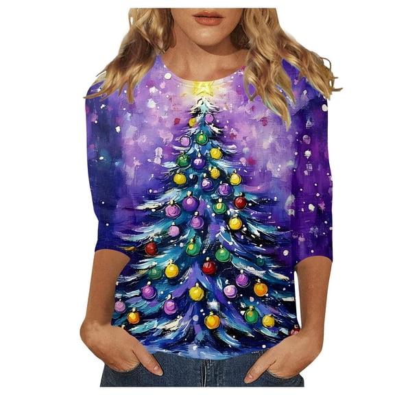 Trendfront Womens Christmas Tree Graphic T Shirts Crewneck 3/4 Sleeve All Over Holiday Print Casual Winter Tee Tops