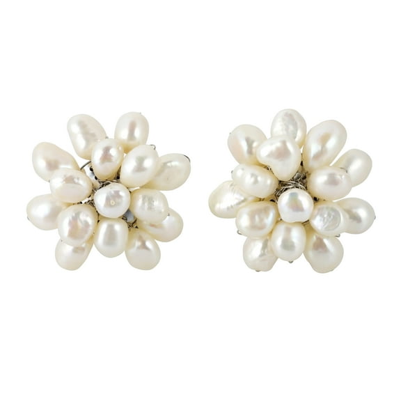 Large White Pearl Floral Cluster Stylish Clip On Statement Earrings