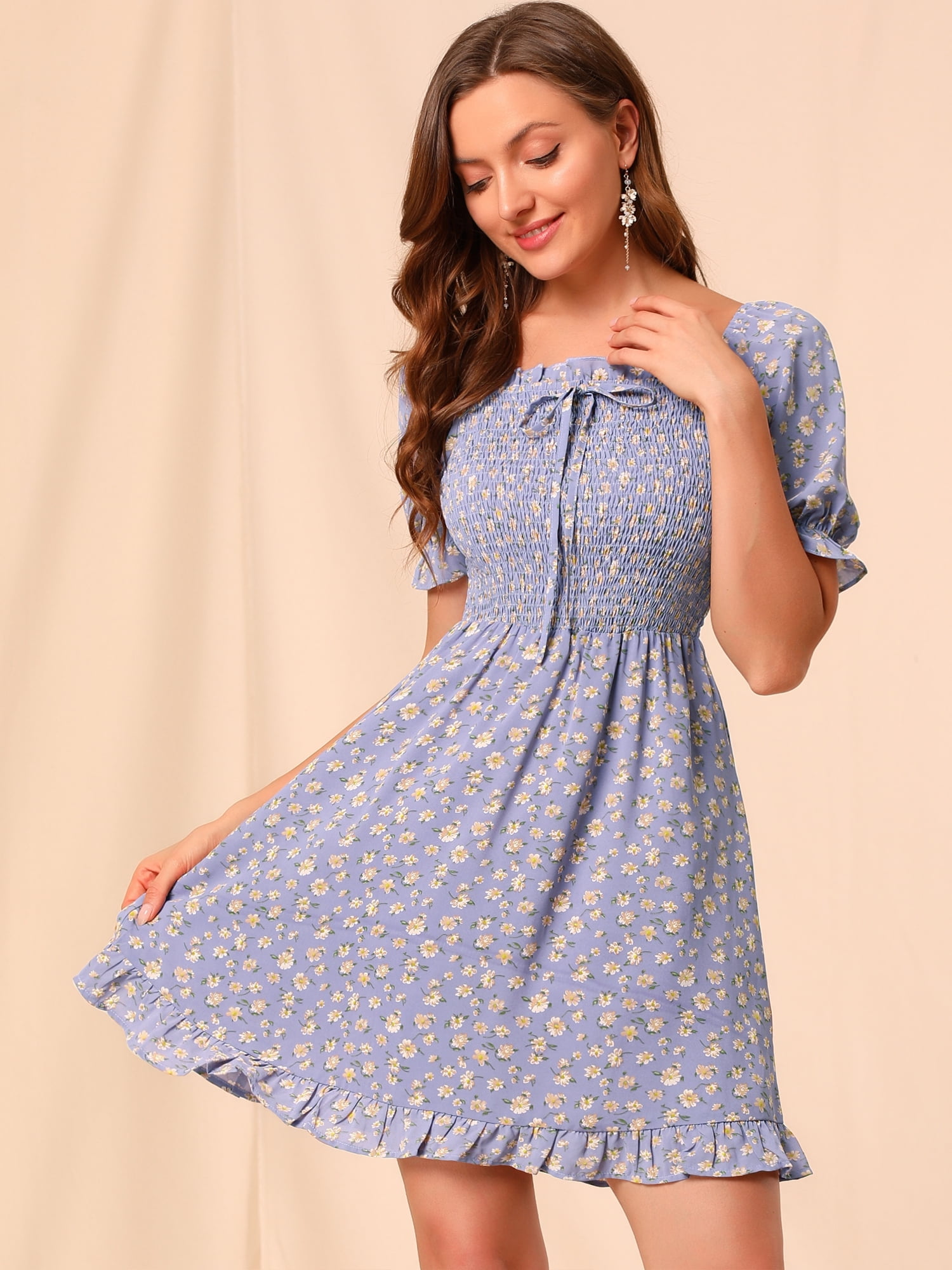 DARING DIVA Puff Sleeve Back Smocked Sweetheart Neck Ruffled Hem Dress S Purple