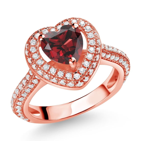 Gem Stone King 18K Rose Gold Plated Silver Red Garnet and White Moissanite Heart Shape Ring for Women (1.62 Cttw, Available in Size 5, 6, 7, 8, 9)