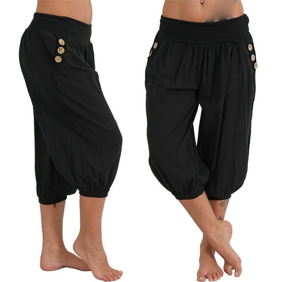 HCURIBAD Clearance! Women's Capris with Pockets, Dance Harem Pants Women Loose Casual Cotton Yoga Sports Soft Trouser, Women's Pants, Wide Leg Pants, Sweatpants for Men Black L