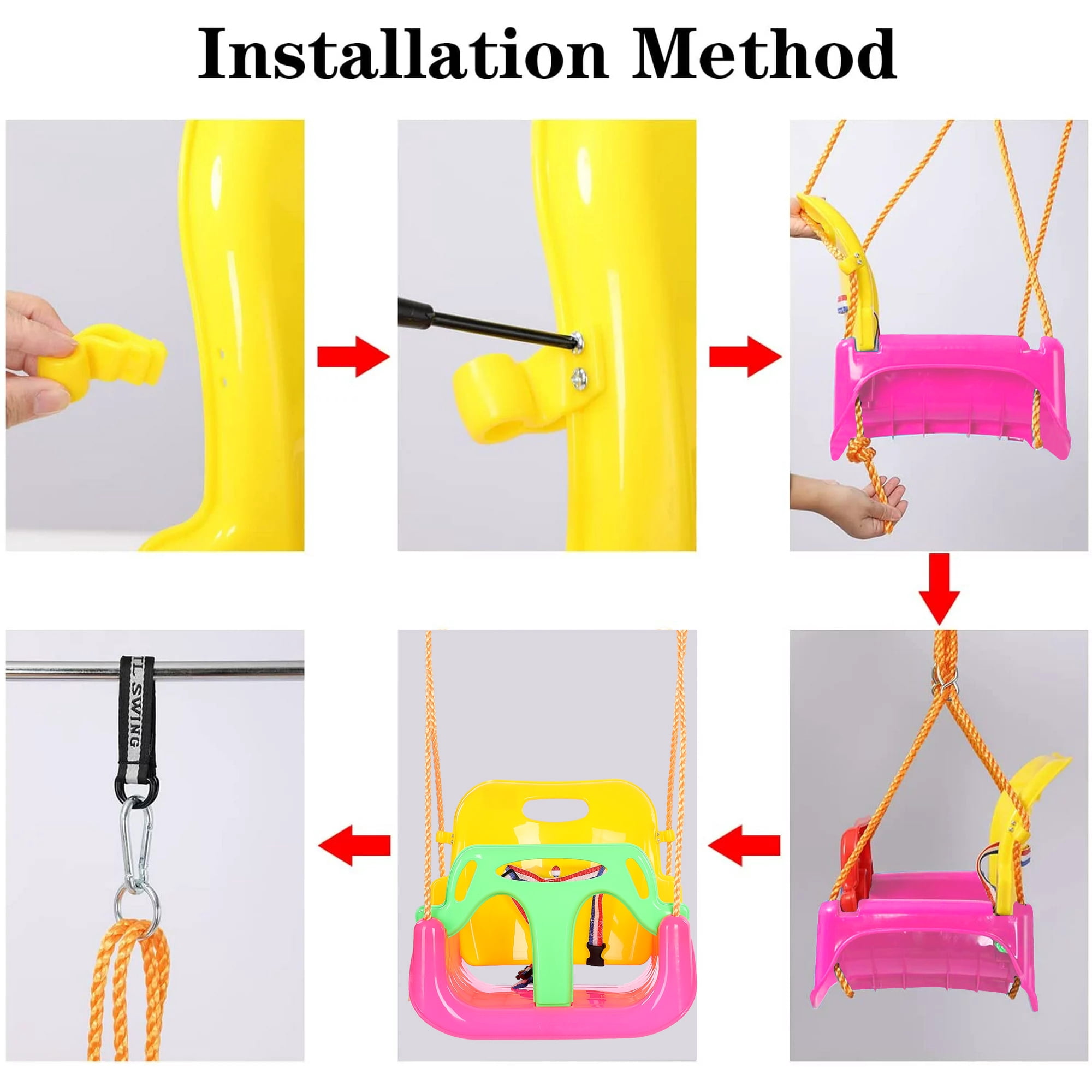 JBeeCtrl 3-in-1 Baby Swing Sets with Hanging Strap and Hooks for Outside Toddler Swing Anti-Flip Snug & Secure Detachable Infants to Kids Swing Seat for Indoor/Outdoor Playset（Pink）
