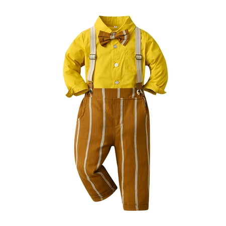 

QWERTYU Toddler Baby Child Boy 2PCS Long Sleeve Outfit Bow Tie Shirts and Suspender Pants Set Clothing Set Yellow
