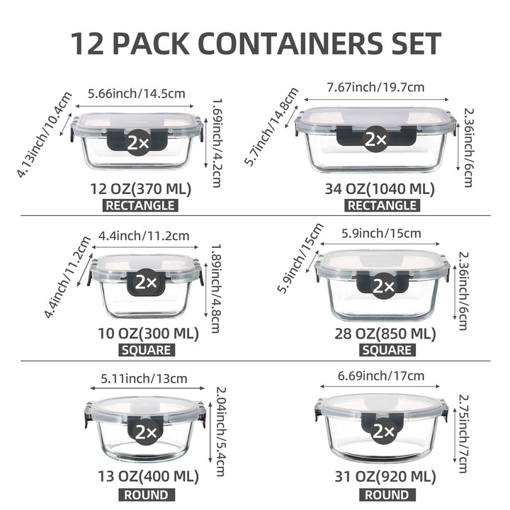 12 Pack Glass Food Storage Containers with Sanp Locking Lids, Airtight Meal Prep Containers for Kitchen, Leftovers, To-go, Gym, Office, Dishwasher/ Freezer/ Microwave Safe
