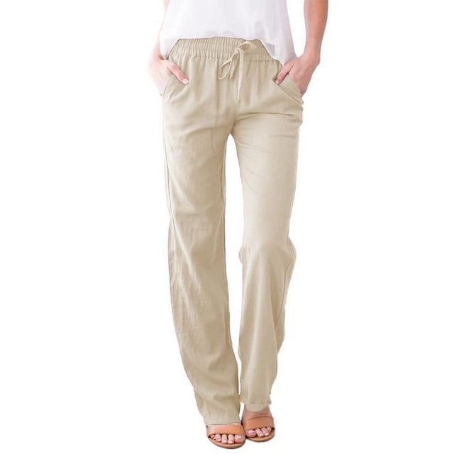 Pantalones anchos casuales sueltos con cordón de lino y algodón de color sólido para mujer de primavera y verano