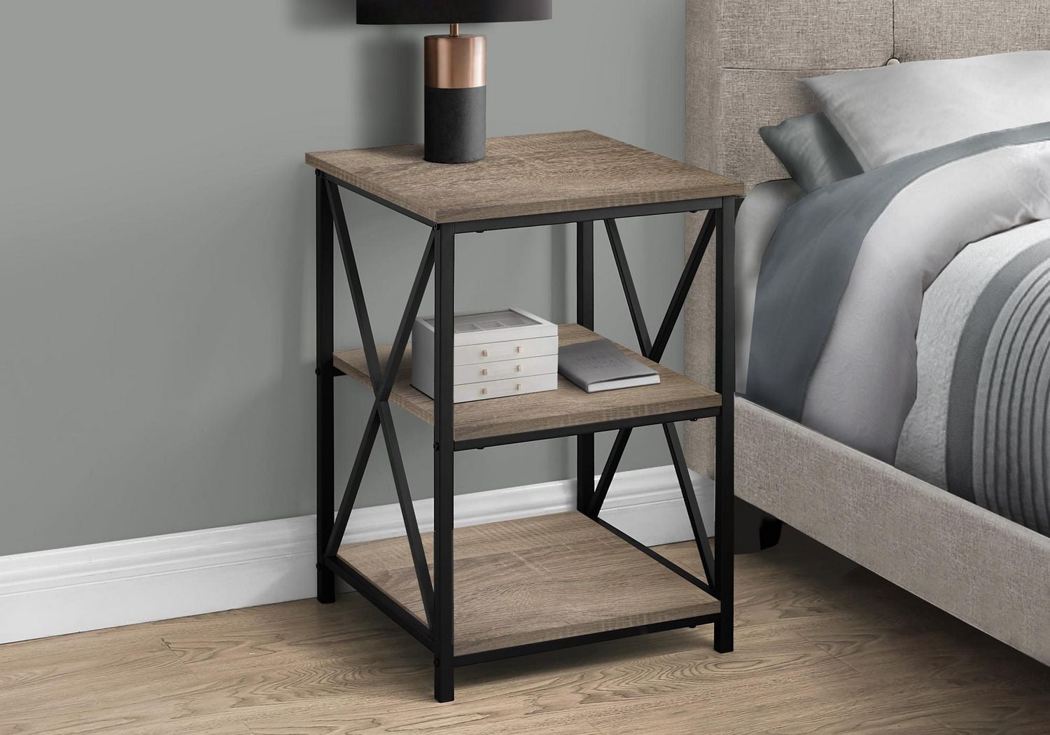 Monarch Specialties Accent Table, Side, End, Nightstand, Lamp, Living Room, Bedroom, Brown Laminate, Black Metal, Contemporary, Modern
