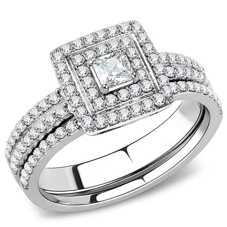 Womens Silver Rings High polished (no plating) 316L Stainless Steel Ring with AAA Grade CZ in Clear DA064