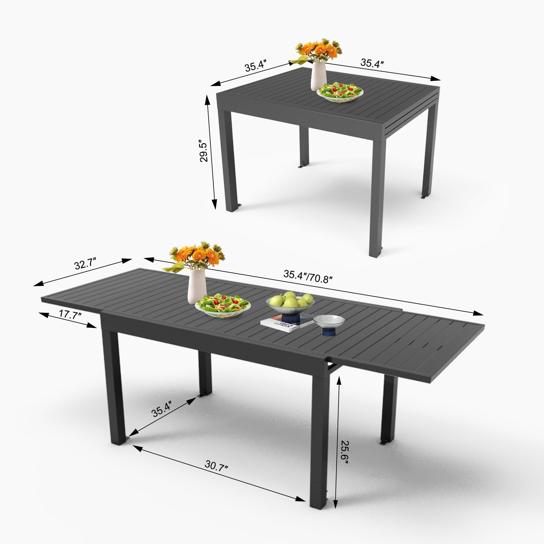 Aluminum Patio Extendable Dining Table 35"- 71", Adjustable Indoor Outdoor Patio Dining Table with E-Coating for 4-6 Person Garden Lawn Porch Bistro Furniture, Dark-Gray