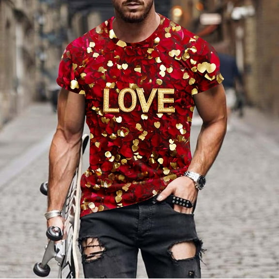 Zylanna Men's Casual T-Shirts Tee, Crew Neck Summer Short Sleeve Valentine's Day Loose Tops Trouses for Men Red Size 3XL