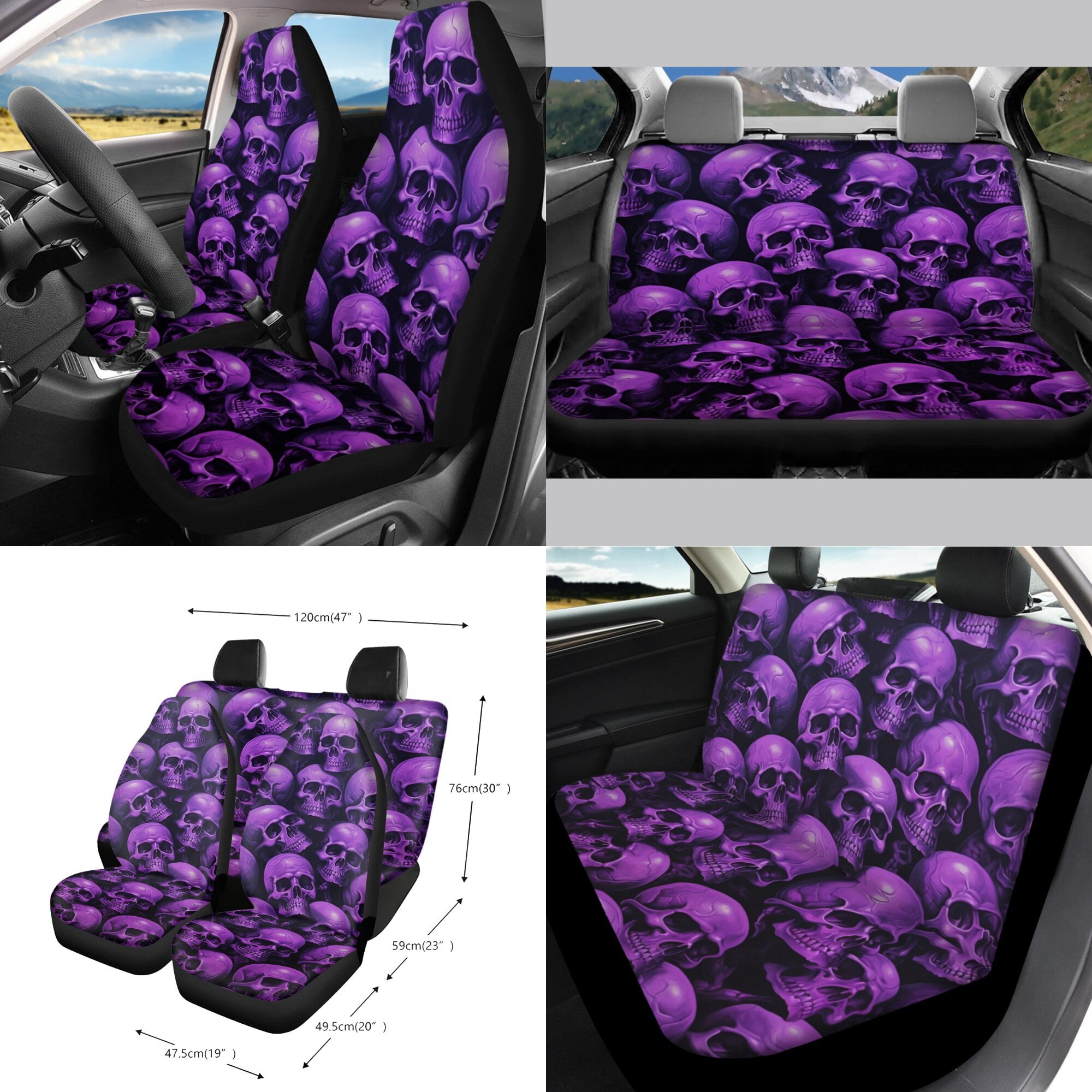 LedBack Skull Print Car Seat Covers Full Set 15Pcs Car Accessories Set Includes Front and Rear Split Bench Seat Cover Steering Wheel Cover Safety Belt Pads Rear View Mirror Protector