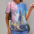 thumbnail image 6 of Blossoming Paris Eiffel Tower Womens Tops Women's Fashion Casual Short Sleeve Flower Print Round Neck Pullover Top Blouse, 6 of 6