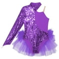 thumbnail image 6 of Aislor Girls Sequins Leotard Bodysuit Single Long Sleeve Gymnastic Dance Performance Purple 6, 6 of 6