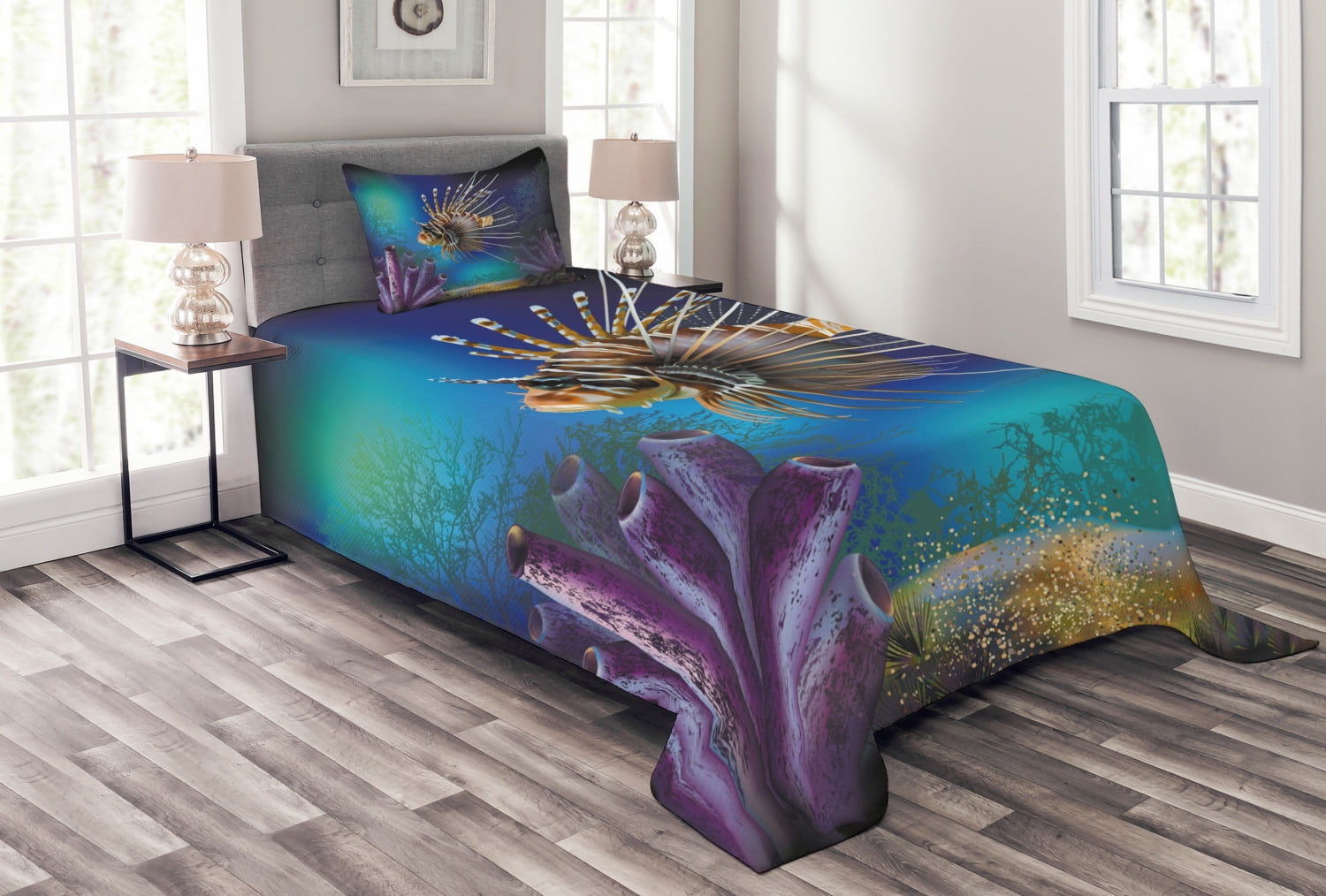 Ocean Bedspread Set, Underwater World Exotic Bubble Fish and Plants