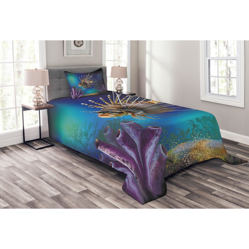 Ocean Bedspread Set Twin Size, Underwater World Exotic Bubble Fish and
