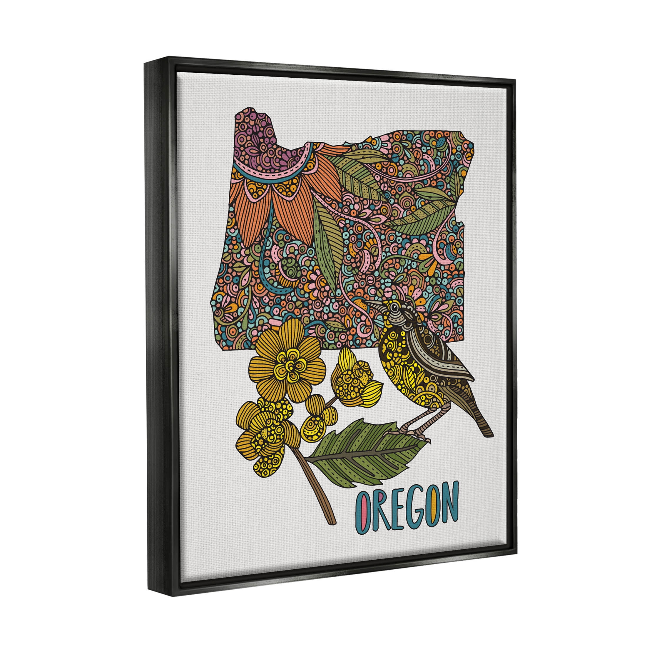 Stupell Industries Oregon State Flower Bird Graphic Art Jet Black Floating Framed Canvas Print Wall Art, Design by Valentina Harper