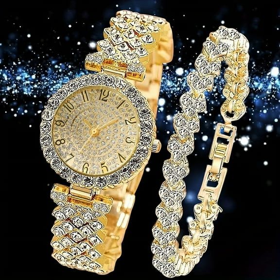 TWO CRYSTATATCHES, Stainless Steel, Simple and Luxurious All -CRYSTAL Bracelet Quartz Watches, SUITABLE for EID AS A GIFT,Gold