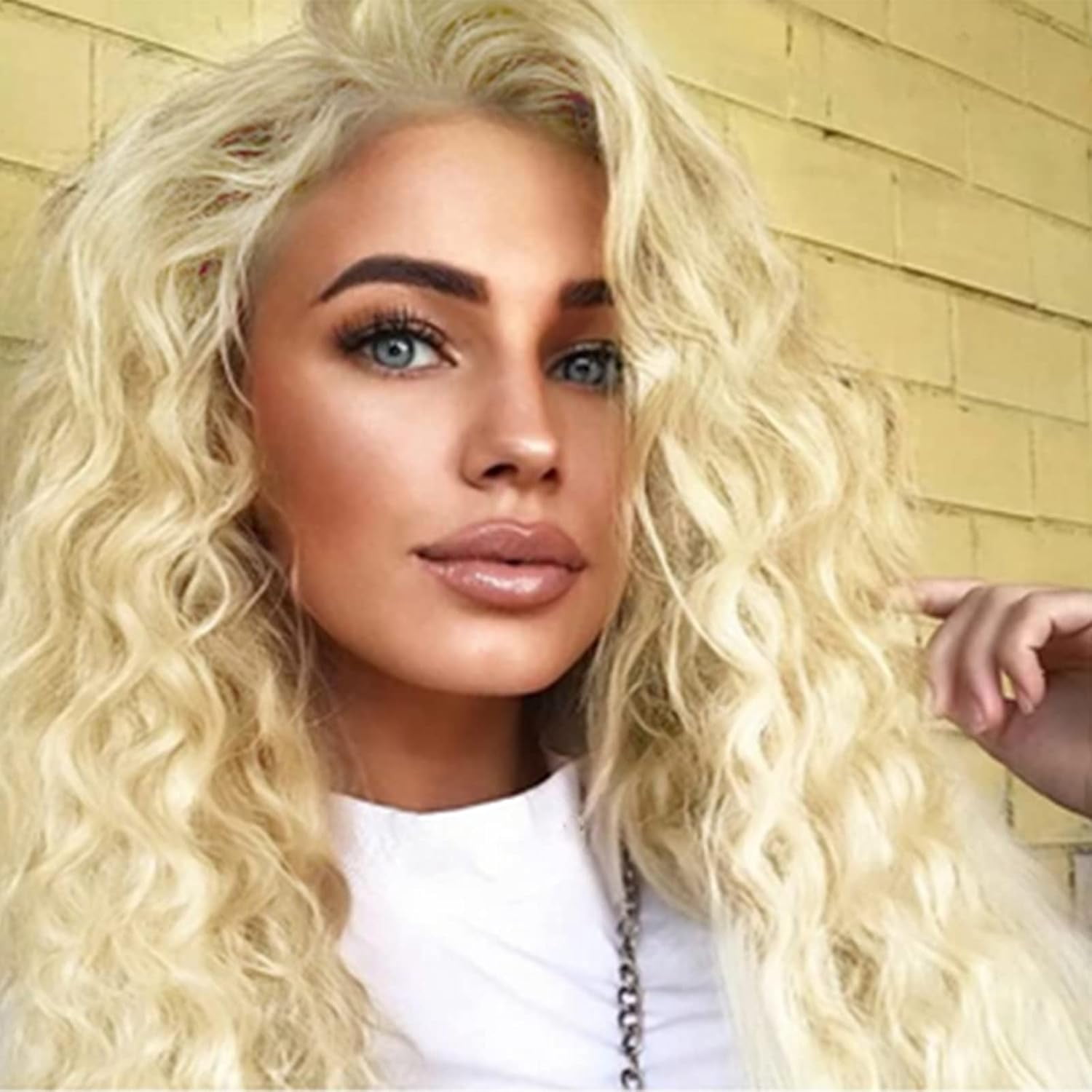 28 inch Long Blonde Curly Wigs for Women #613 Color Full Wig in Synthetic Hair