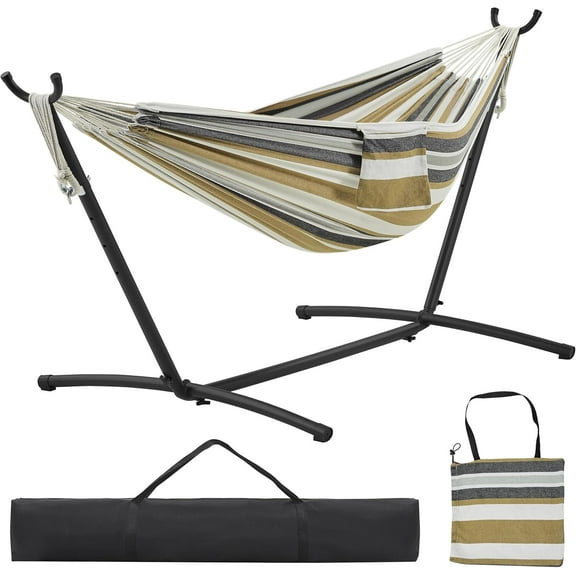 REKHH Double Hammock with Stand, 2-People Hammock & Stand Set Storage Bag & Carrying Bag, Outdoor/Indoor Heavy-Duty Portable Hammock, 450LB Capacity - Desert Stripe