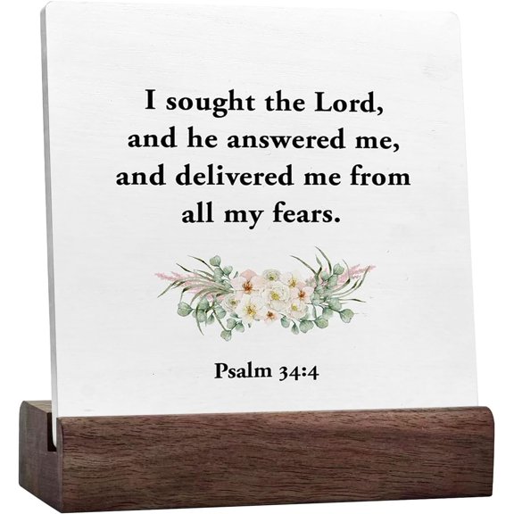 Christian Desk Decor,Bible Scripture Paslm 34:4 I Sought The Lord Ceramic Desk Sign,Inspirational Christian Ceramic Table Plaque Sign For Home Office Church Shelf Table Desk Decorations