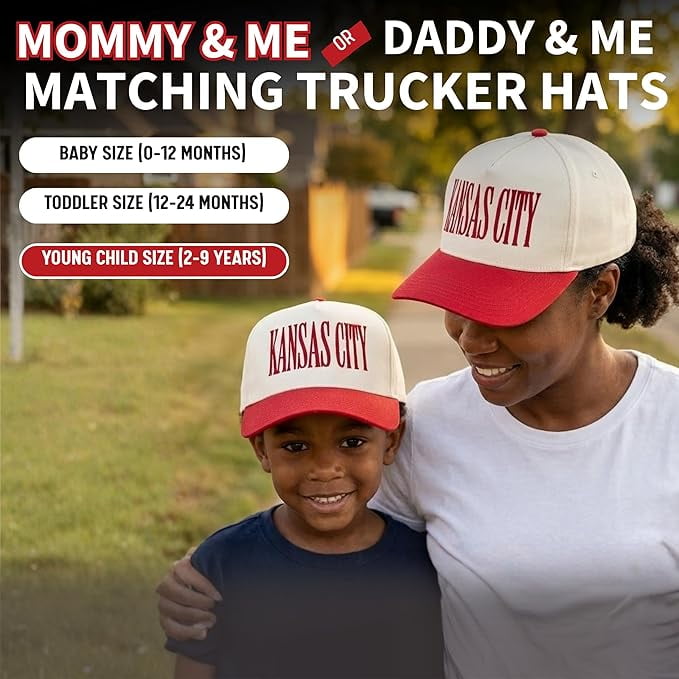 Funky Junque Matching Family Trucker Hat Set - Vintage Two-Tone Daddy & Me, Mommy & Me Snapback Baseball Caps - Kansas City - Red/Beige - Adult/Kids (2-9 Years)