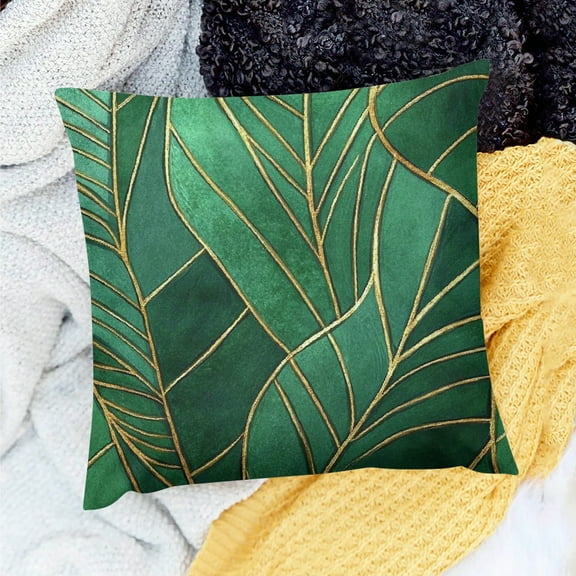 Creowell Green Leaf Gold Lines Art Deco Pillow Cushion Case 100% Linen 18x18in
