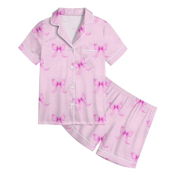 ZXLBBD Girls Pajamas Set Button Clouse Short Sleeve Bowknot Printed Shirts and Shorts Casual Sleepwear for Kids Loose Fit Clothes Sets,Pink,Size 9 Y-10 Y