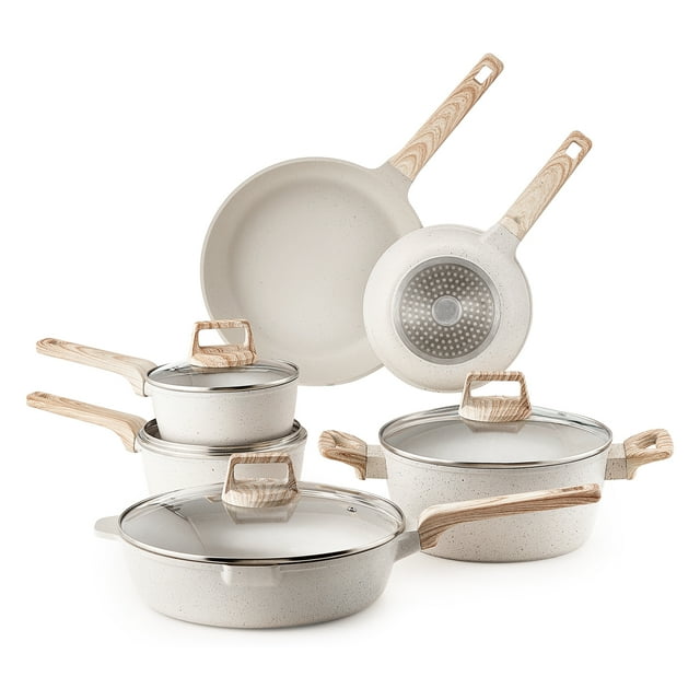 KFFKFF 17 Piece Pots and Pans Set, Granite Nonstick Cookware Set, Induction Cookwares, Kitchen RV Cooking Sets with Frying, Sauce, Saute, Tempered Glass Lids, White