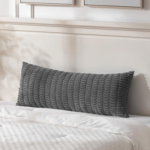 Dark Grey Long Body Lumbar Decorative Throw Pillow Covers 20x54 Inch for Bed Couch Bedroom Bench, Soft Corduroy Rectangle Solid Pillow Case, Rustic Farmhouse Boho Room Decor