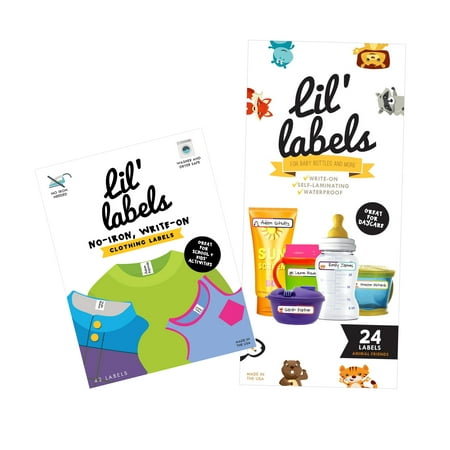 Lil' Labels Daycare Waterproof Labels Value Pack: Baby Bottle Labels (Animal Friends) and Clothing Labels (Bright White)