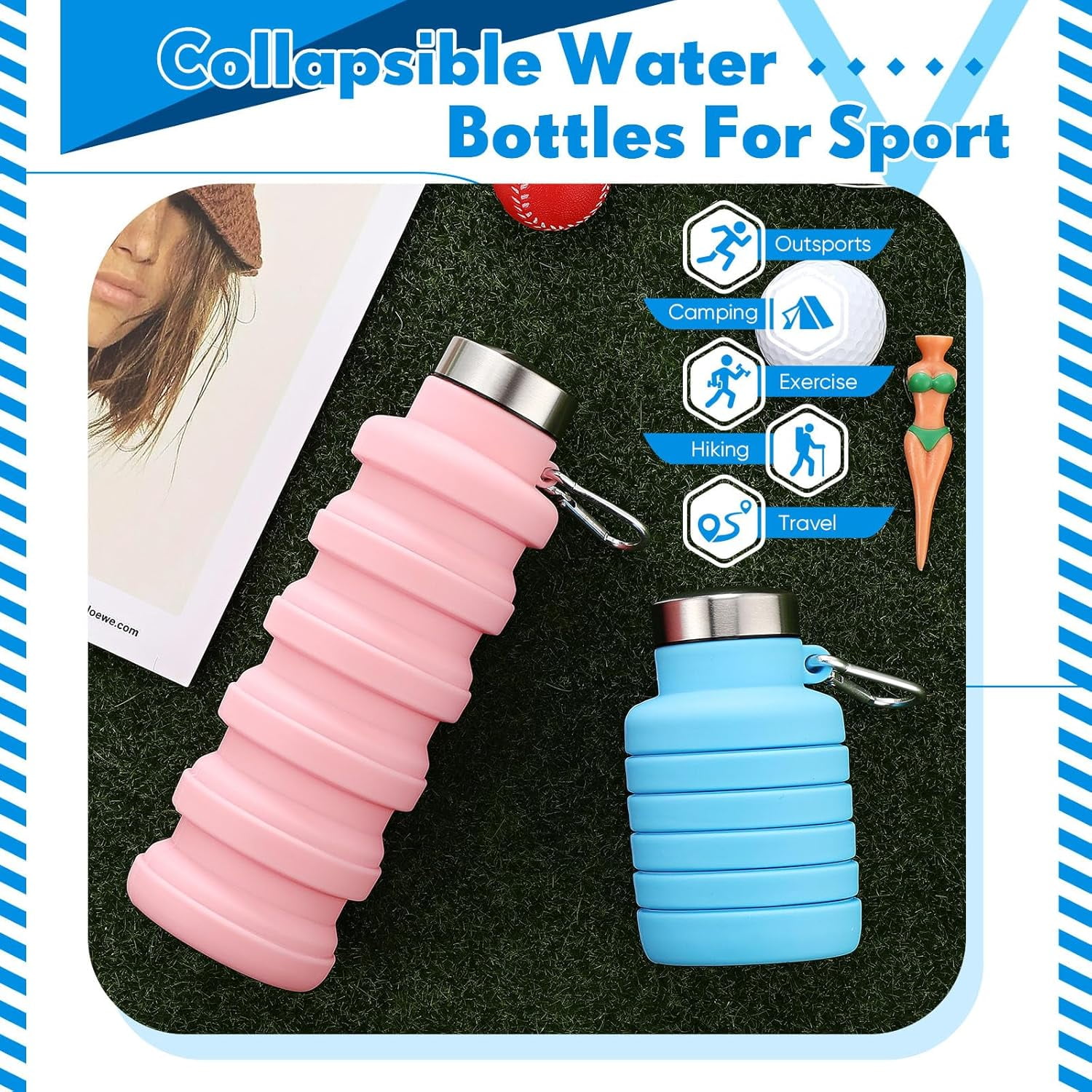 ABCISI 2 Pcs Collapsible Water Bottles, 17oz Silicone Portable Leak-Proof Water Bottle with Buckle, Silicone Lightweight Reusable Travel Water Bottle for Camping Hiking Cycling Sport (Pink, Blue)