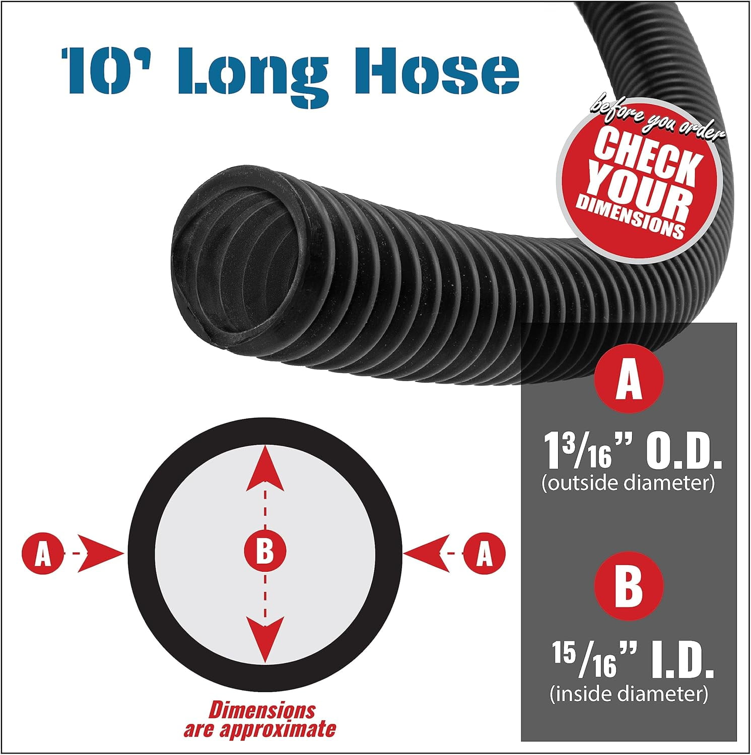 10 Foot Long Dust Collection Power Tool Hose Kit with 5 Fittings/Attachments for Multiple Types/Brands of Power Tools and Work Shop Vacuums