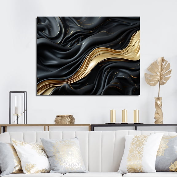 Designart "Fusion Of Gold And Black Gentle Waves" Abstract Shapes Canvas Art Print
