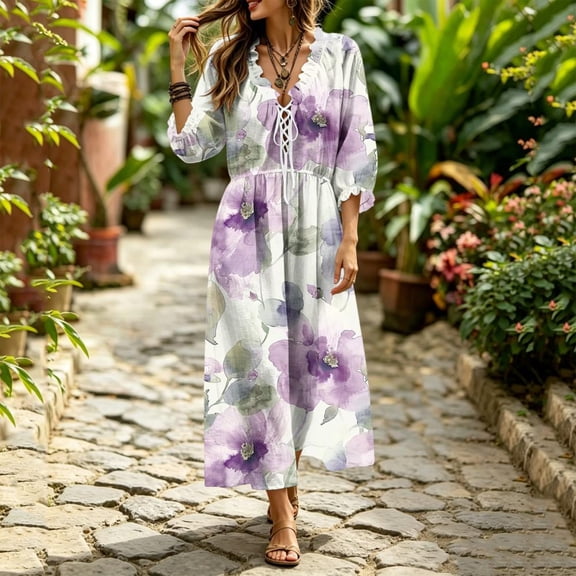 Bxsruta Womens Summer Maxi Dress Bohemian Floral V Neck 3/4 Sleeve Casual Flowy Long Dresses