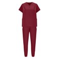 thumbnail image 4 of Womens Nursing Uniforms Set Solid Color Loose Nurse Clothes Short Sleeved V-neck Shirts and Elastic Drawstring Foot Binding Long Straight Pants, 4 of 9