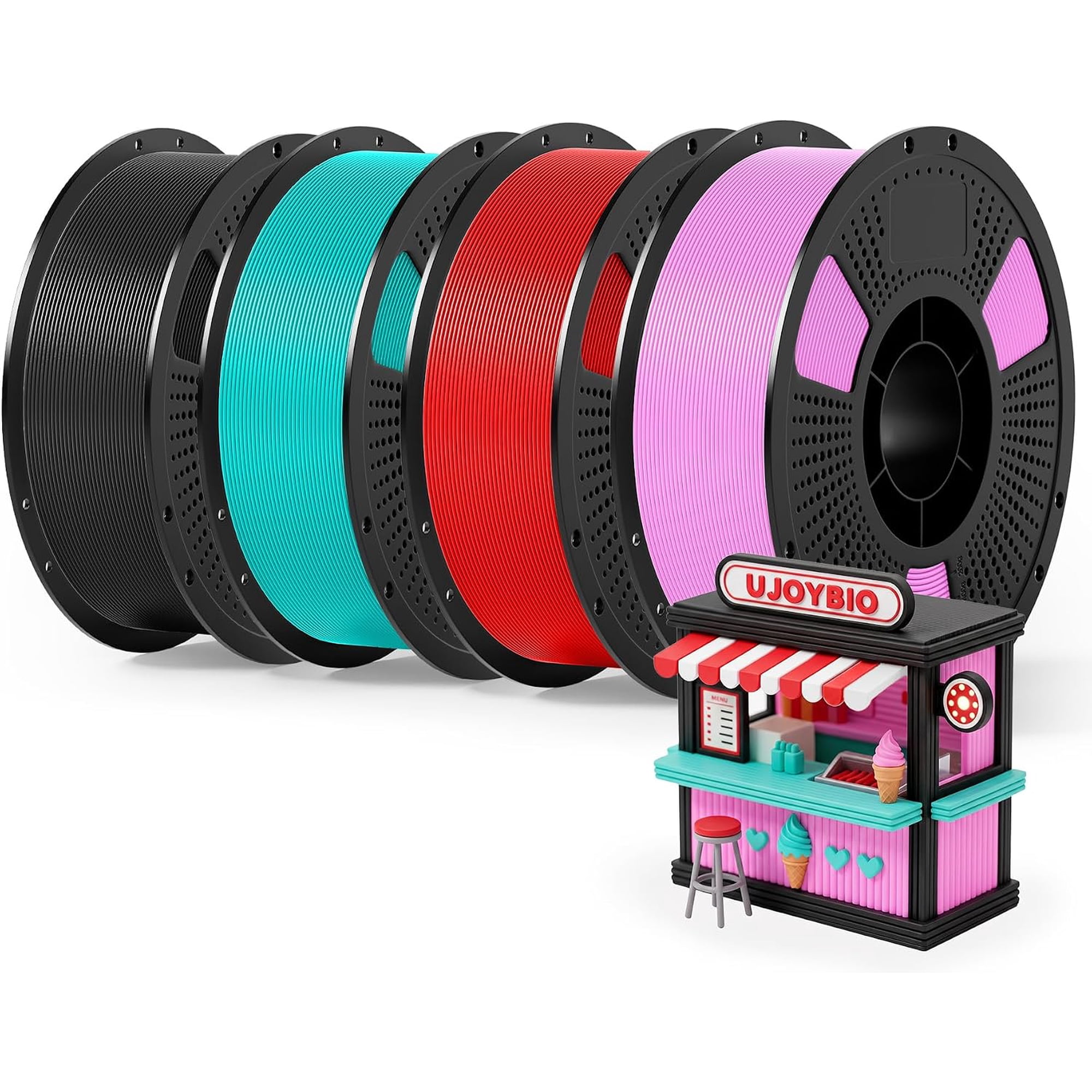 PETG Filament Bundle Multicolor 4kg, Low Stringing High Toughness 3D Printer Filament 1.75mm, Clog-Free Rapid Printing PETG Fit Most FDM 3D Printers, 1KG*4 Pack, Black+Red+Light Blue+Pink