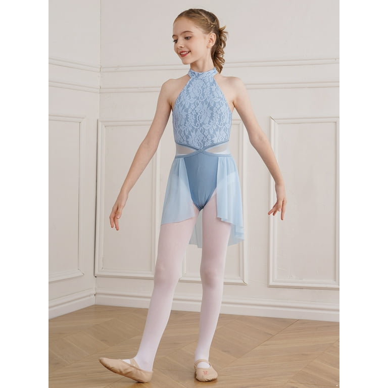 YiZYiF Kids Girls Mock Neck Rhinestone Lyrical Modern Dance Dress Leotard  Wrap Skirt Dancewear Light Blue 6 