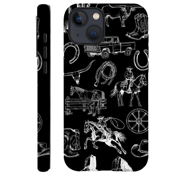 Daizag Funda Compatible Con Iphone 14 Plus Fit Funda A Prueba De Golpes Para Mujeres Niñas Vaquero Collage Caballo Vaca Cactus Negro