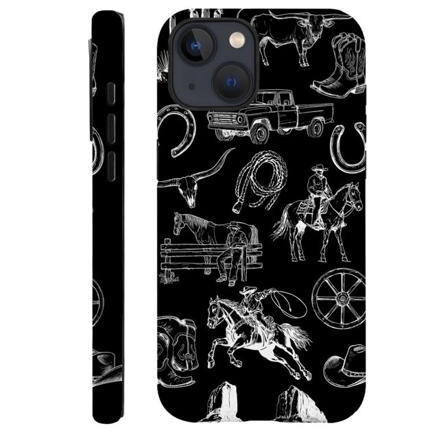 Daizag Funda Compatible Con Iphone 14 Plus Fit Funda A Prueba De Golpes Para Mujeres Niñas Vaquero Collage Caballo Vaca Cactus Negro