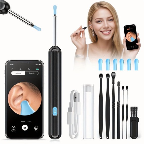 DEBGFS 1080P Ear Wax Removal Tool with Camera Ear Cleaning Kit with 6 Spoons Wi-Fi Enabled Otoscope Rechargeable Lithium Battery Ear Tweezers for Ear Care