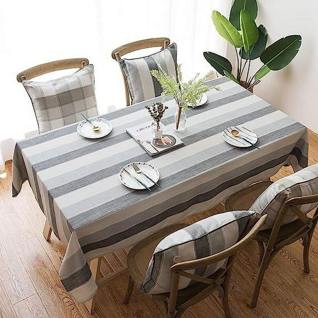 Nvzi Mantel para mesa de comedor, mantel rústico, manteles rectangulares pequeños de tela de lino y algodón para 8 a 10 personas, rayas grises, rectángulo, 55 x 102 pulgadas