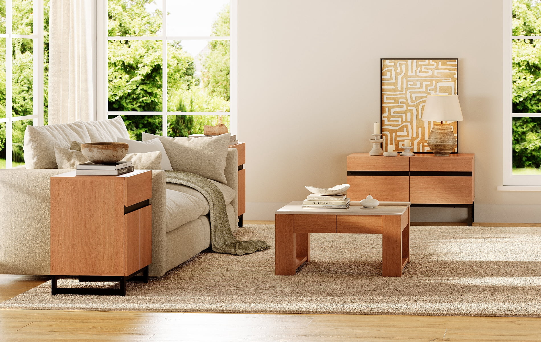 Modern 3-Piece Living Room Set, 35 Inch TV Stand And 2 End Table Sets With Drawers, Media Console with Storage Shelves, Sturdy Wood Frame & Metal Legs, Contemporary Furniture for Living Room,Mocha