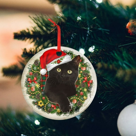 Christmas Ornaments, Black Cat Meowy Christmas THH3449O Ceramic Ornaments, Christmas Tree Decorations - Circle, 1 Pcs
